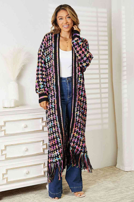 Double Take Full Size Multicolored Open Front Fringe Hem Cardigan