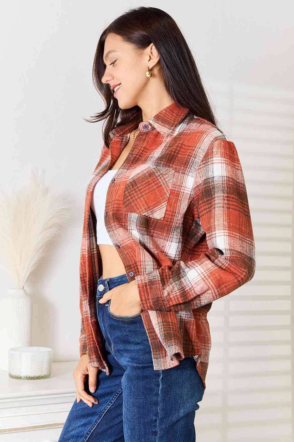 Double Take Plaid Collared Neck Long Sleeve Shirt