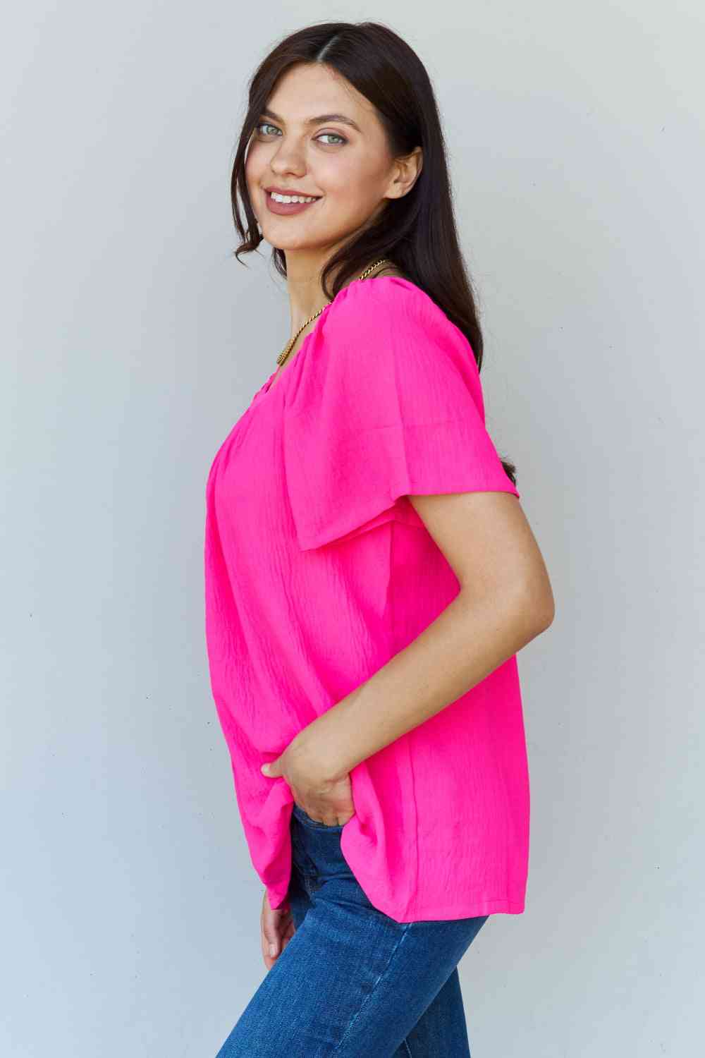 Ninexis Keep Me Close Square Neck Short Sleeve Blouse in Fuchsia