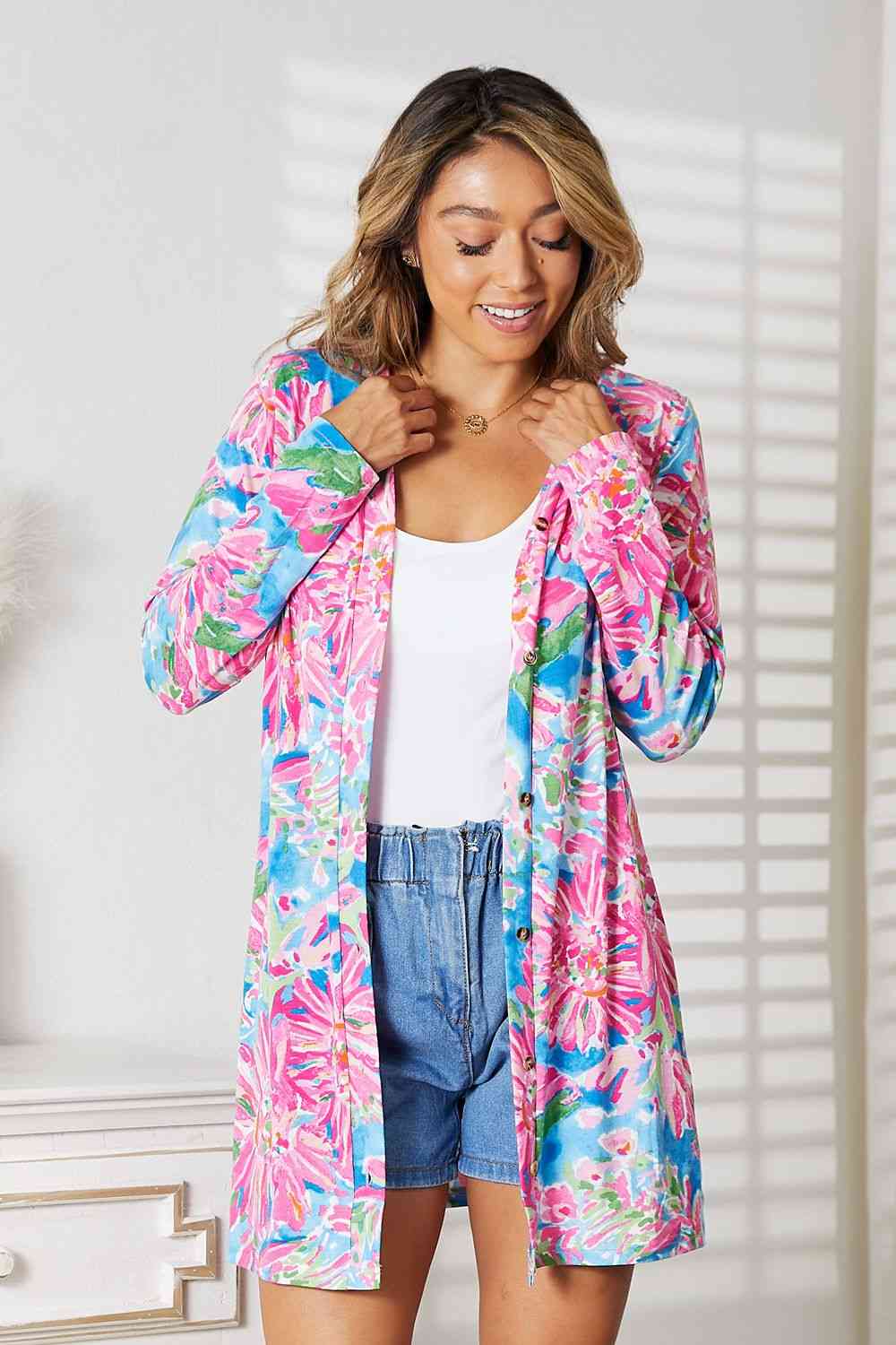 Double Take Floral Open Front Long Sleeve Cardigan